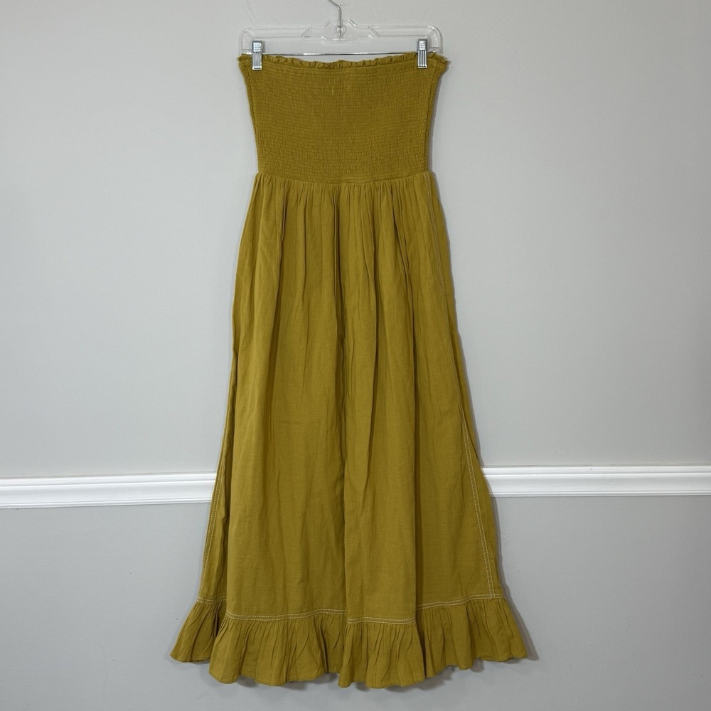 Urban Outfitters Penny Smocked Midi Dress Strapless Yellow Ruffle Cotton Sz M - Picture 5 of 12